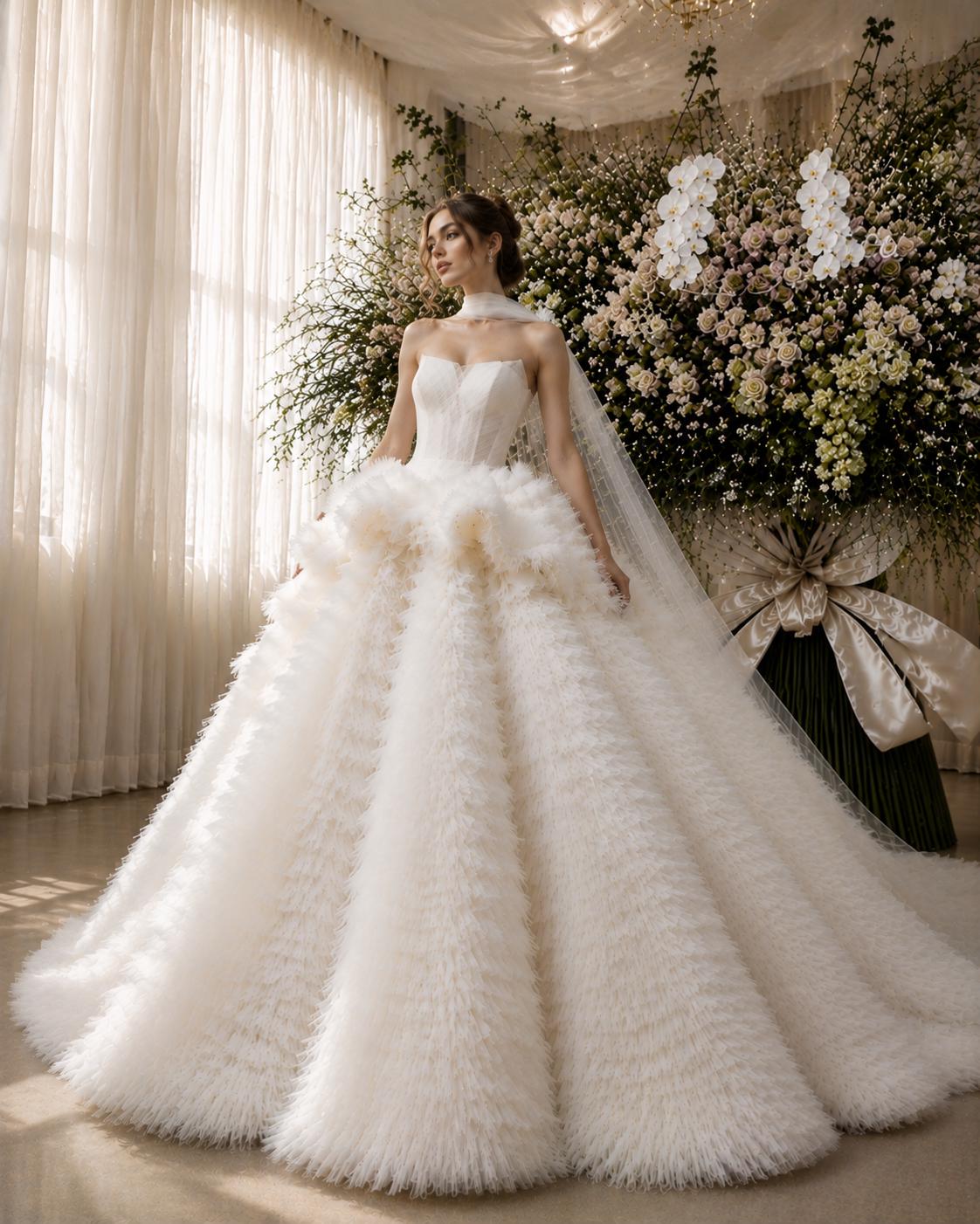 Ivory Strapless Corset Wedding Dress with Layered Skirt