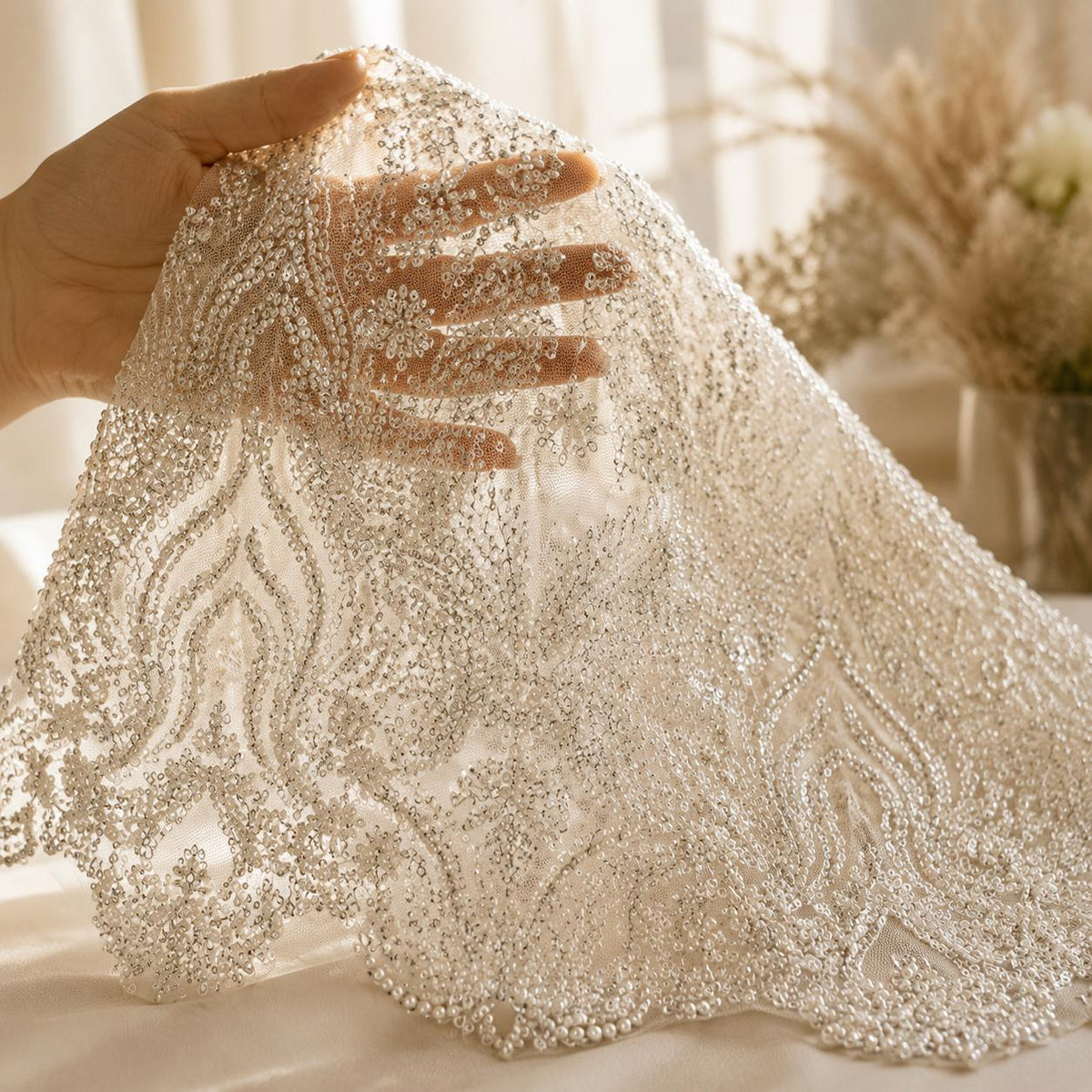 Pearl Beaded Lace Fabric with Scalloped Border, Luxury Bridal Veil Lace, Ivory Wedding Trim Fabric, Embroidered Lace by Yard