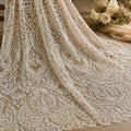 Pearl Beaded Lace Fabric with Scalloped Border, Luxury Bridal Veil Lace, Ivory Wedding Trim Fabric, Embroidered Lace by Yard