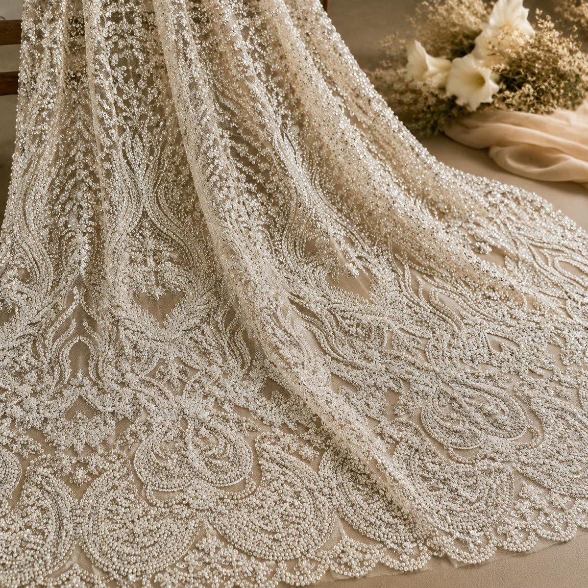 Pearl Beaded Lace Fabric with Scalloped Border, Luxury Bridal Veil Lace, Ivory Wedding Trim Fabric, Embroidered Lace by Yard