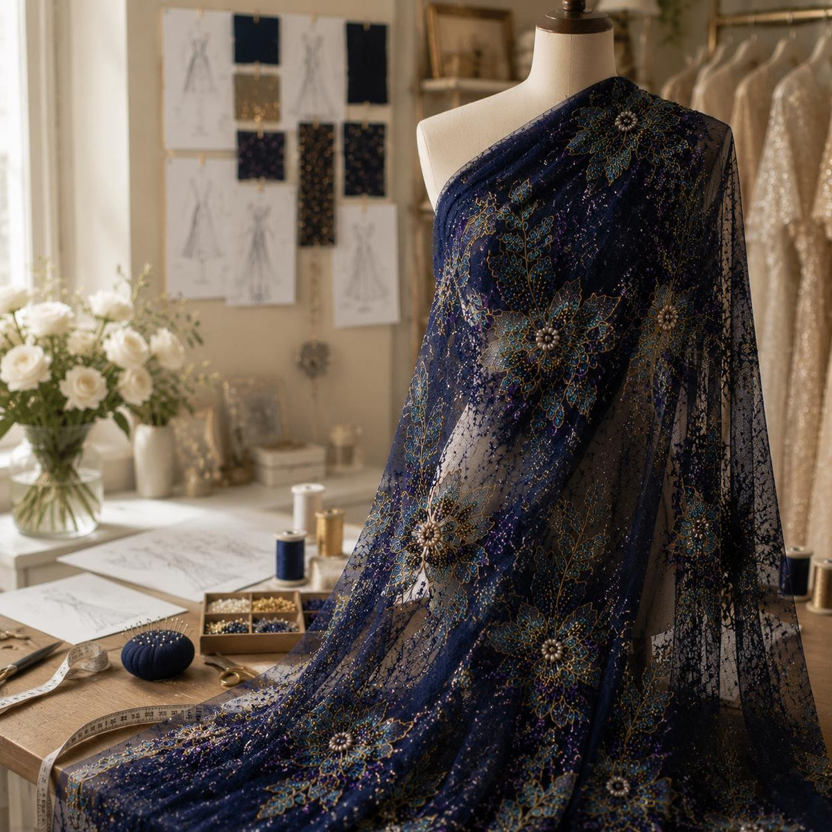 Luxury Navy Blue Beaded Lace Fabric, Heavy Sequin Floral Embroidered Tulle, Gold Couture Mesh Fabric by the Yard,Evening Bridal Material