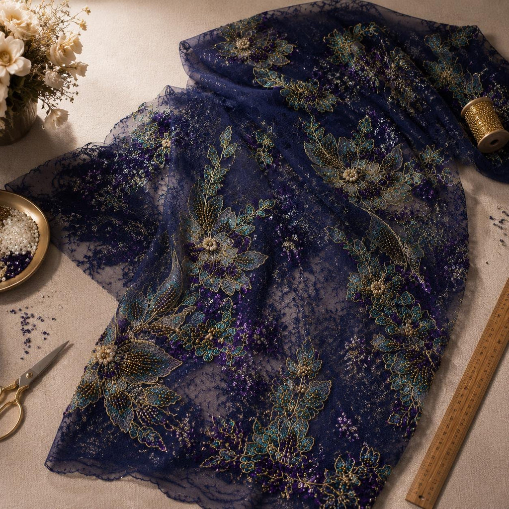 Luxury Navy Blue Beaded Lace Fabric, Heavy Sequin Floral Embroidered Tulle, Gold Couture Mesh Fabric by the Yard,Evening Bridal Material
