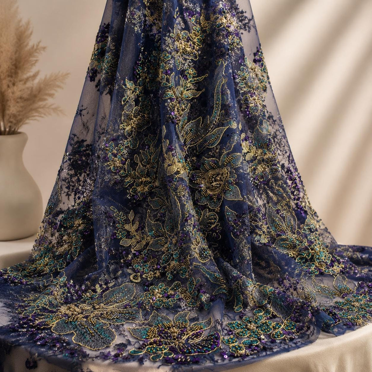 Luxury Navy Blue Beaded Lace Fabric, Heavy Sequin Floral Embroidered Tulle, Gold Couture Mesh Fabric by the Yard,Evening Bridal Material