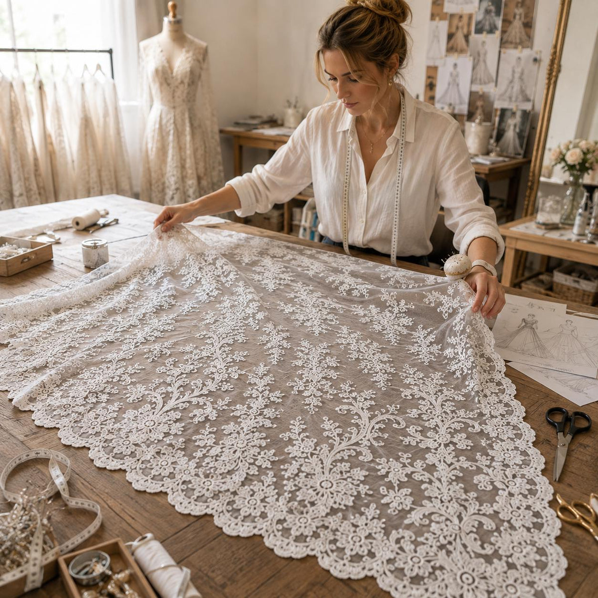 Luxury Bridal Lace Fabric by the Yard, White Embroidered Wedding Dress Lace, Double Scalloped Floral Lace Fabric, Couture Bridal Tulle