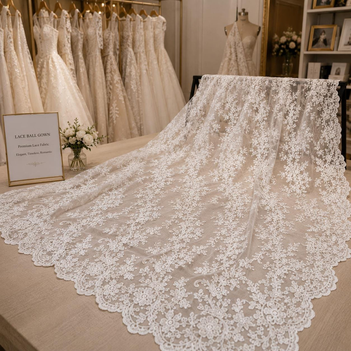 Luxury Bridal Lace Fabric by the Yard, White Embroidered Wedding Dress Lace, Double Scalloped Floral Lace Fabric, Couture Bridal Tulle