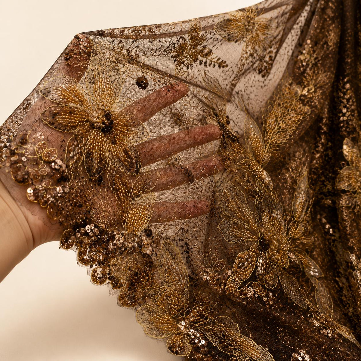 Chocolate Brown Beaded Lace Fabric, Gold Floral Sequin Embroidered Tulle, Couture Mesh Fabric by the Yard, Evening Gown Mother of Bride