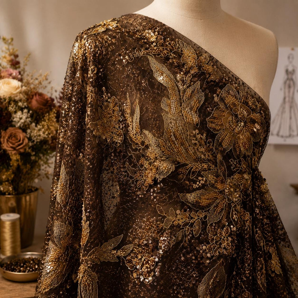 Chocolate Brown Beaded Lace Fabric, Gold Floral Sequin Embroidered Tulle, Couture Mesh Fabric by the Yard, Evening Gown Mother of Bride