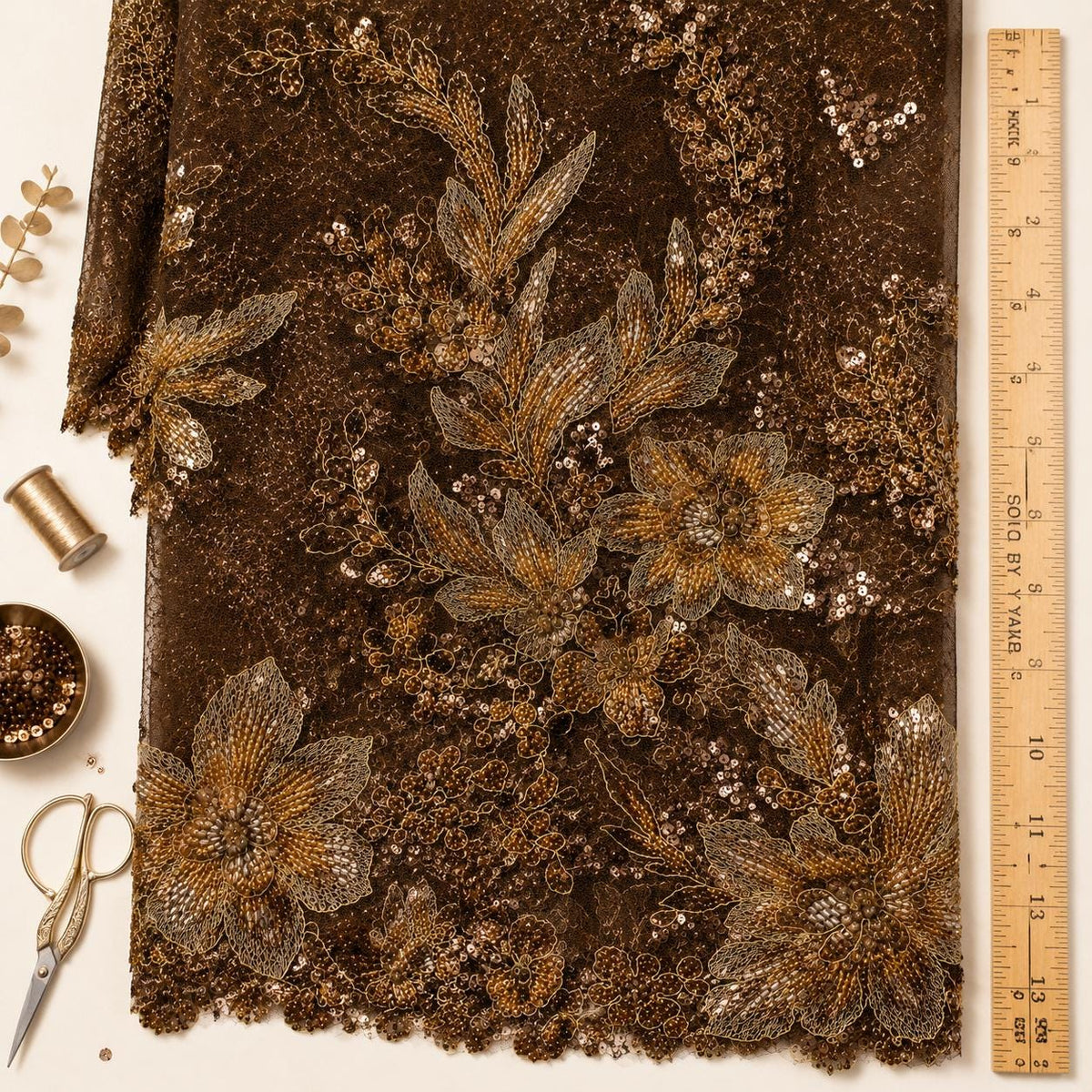 Chocolate Brown Beaded Lace Fabric, Gold Floral Sequin Embroidered Tulle, Couture Mesh Fabric by the Yard, Evening Gown Mother of Bride