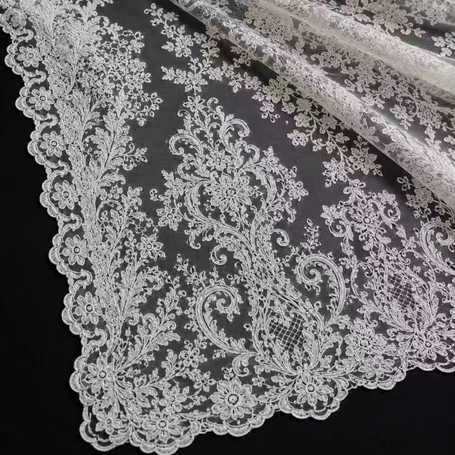 Wedding Dress Lace Fabric by the Yard, White Floral Embroidery Lace, Bridal Veil Lace, Double Border Lace, Luxury Wedding Fabric