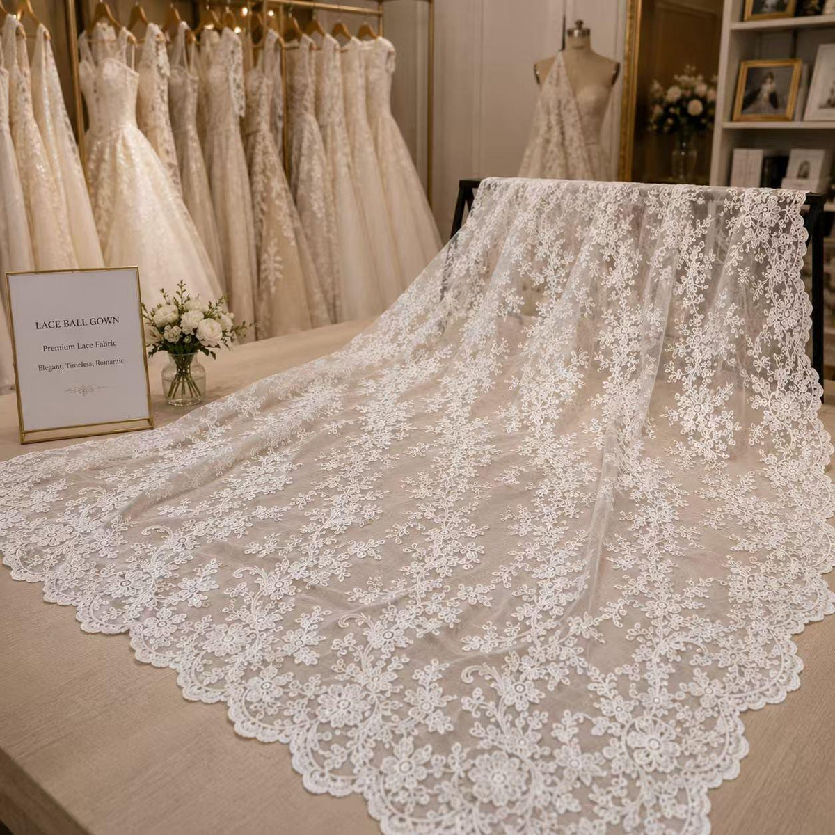 Wedding Dress Lace Fabric by the Yard, White Floral Embroidery Lace, Bridal Veil Lace, Double Border Lace, Luxury Wedding Fabric