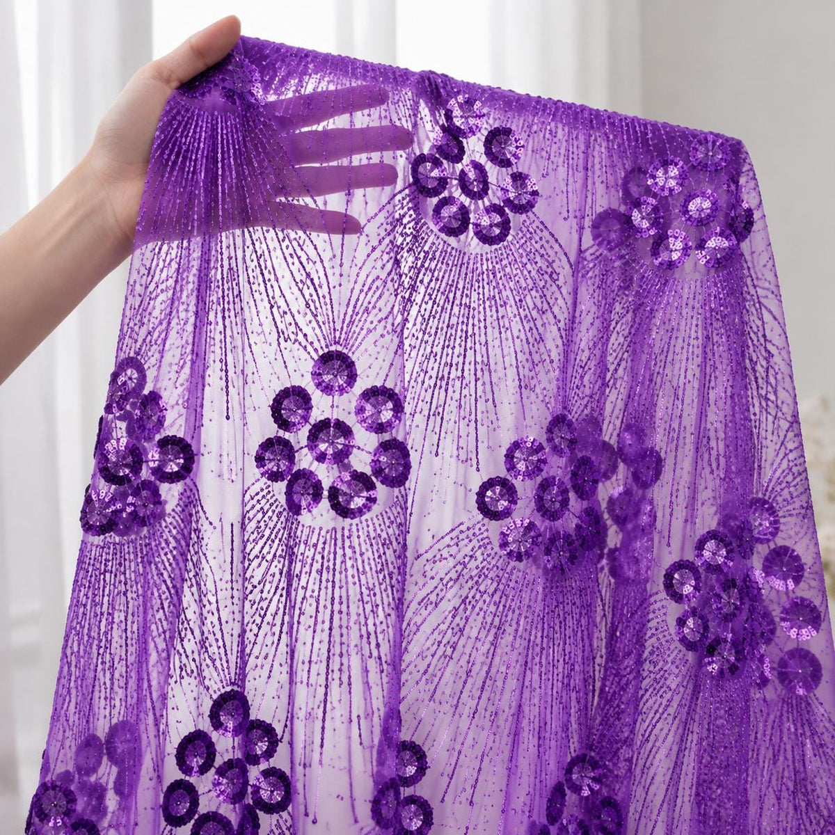 Purple Beaded Lace Fabric by the Yard, Luxury Sequin Embroidered Mesh Tulle, Bridal Wedding Dress Fabric, Couture Evening Gown Lace