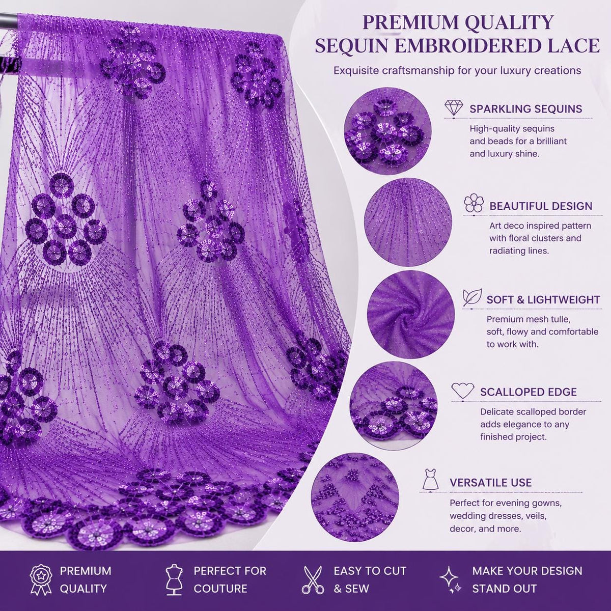 Purple Beaded Lace Fabric by the Yard, Luxury Sequin Embroidered Mesh Tulle, Bridal Wedding Dress Fabric, Couture Evening Gown Lace