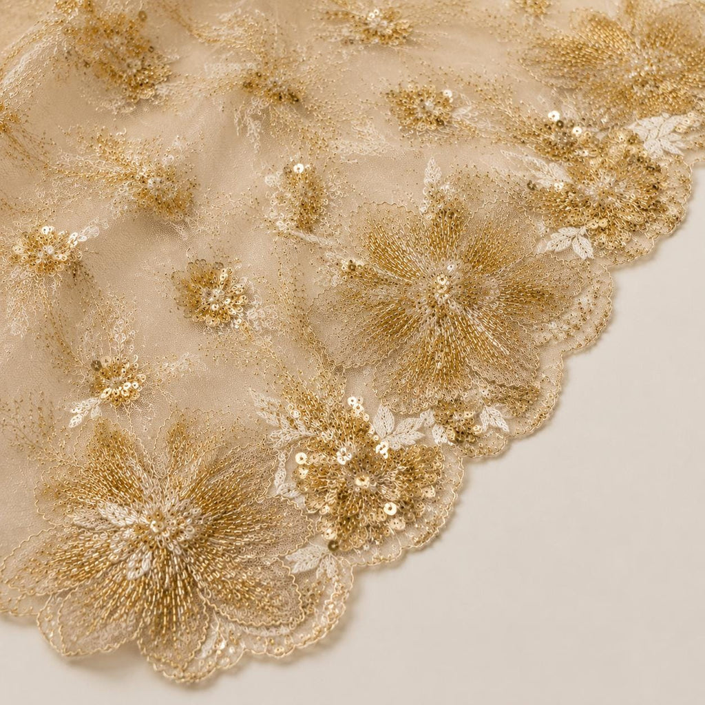 Champagne Gold Beaded Lace Fabric, Floral Sequin Embroidered Tulle, Bridal Wedding Dress Material by the Yard, Couture Evening Gown Fabric