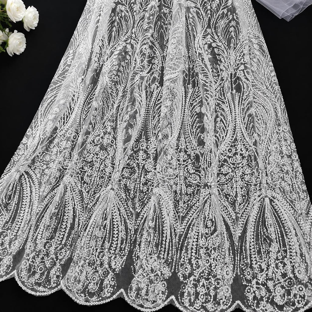 White Beaded Lace Fabric by the Yard, Pearl Embroidery Mesh Tulle, Luxury Bridal Wedding Dress Fabric, Couture Evening Gown Lace, Scalloped