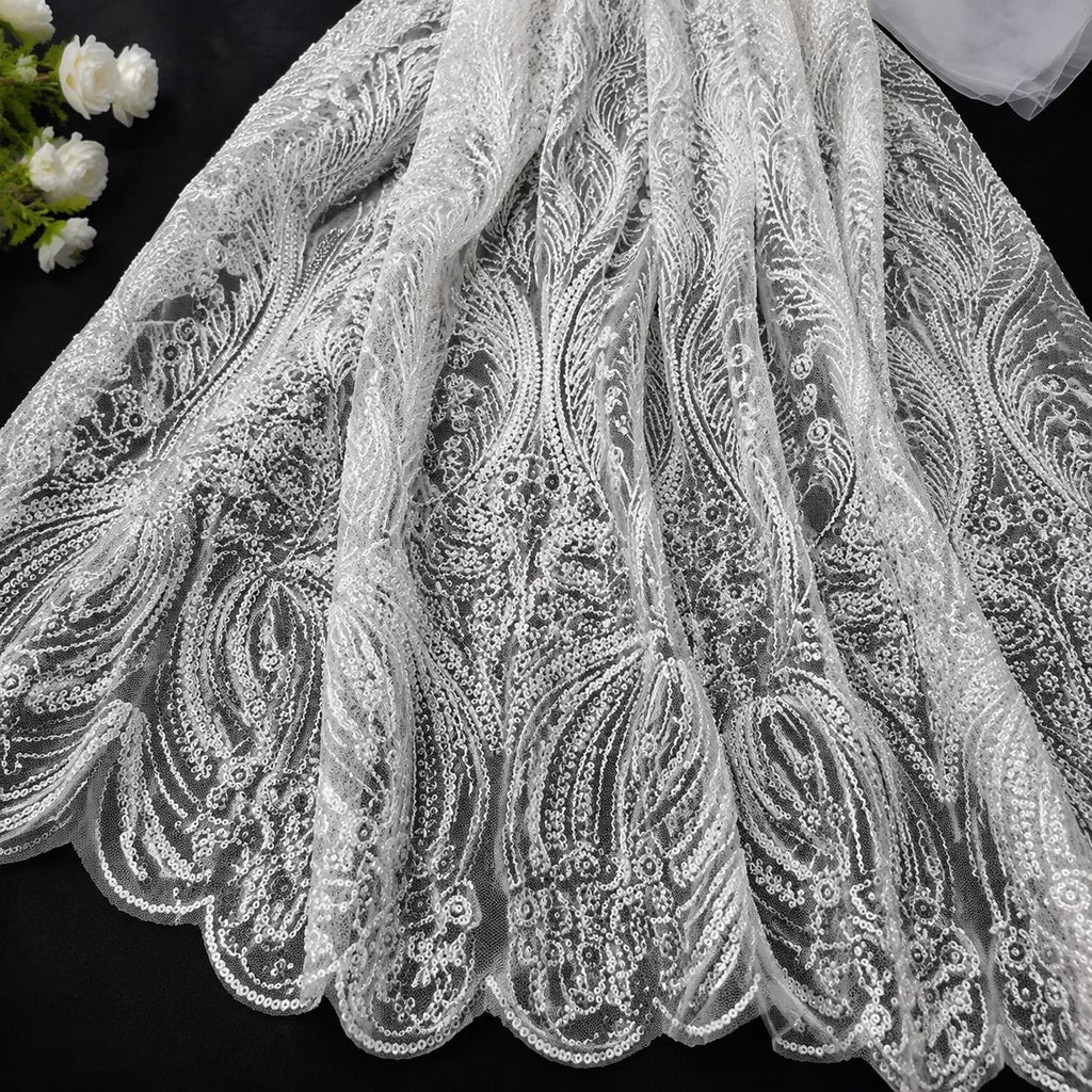 White Beaded Lace Fabric by the Yard, Pearl Embroidery Mesh Tulle, Luxury Bridal Wedding Dress Fabric, Couture Evening Gown Lace, Scalloped