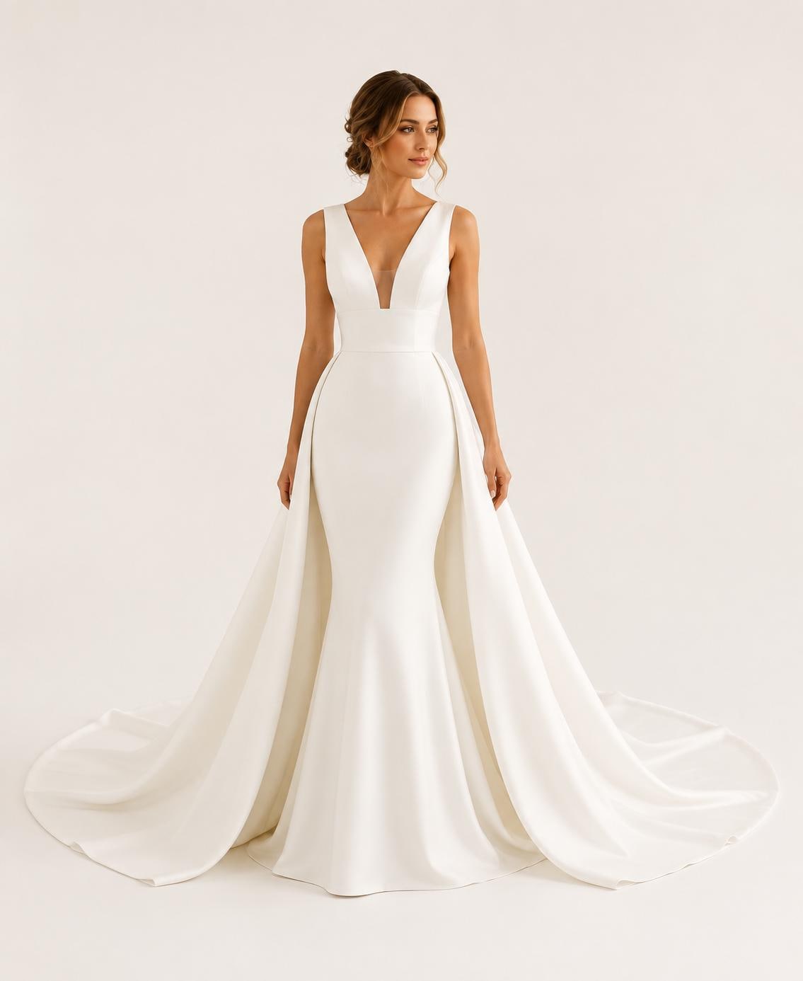 Minimalist Deep V Crepe Wedding Dress with Detachable Overskirt