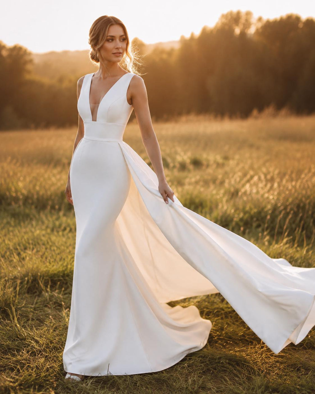Minimalist Deep V Crepe Wedding Dress with Detachable Overskirt