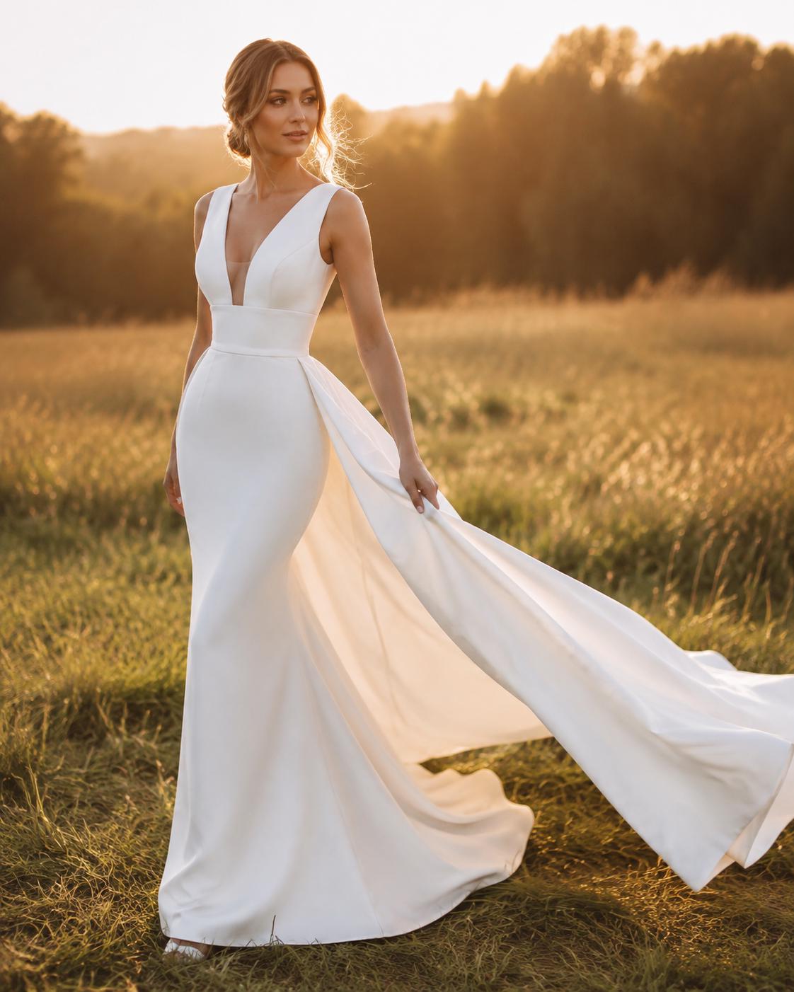 Minimalist Deep V Crepe Wedding Dress with Detachable Overskirt