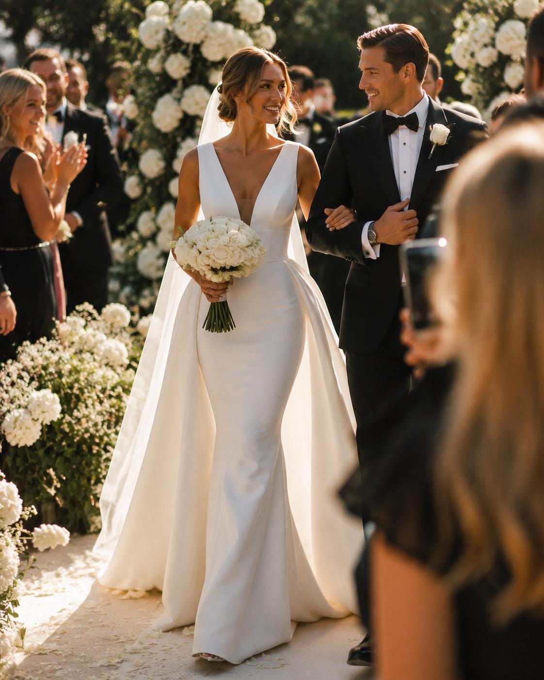 Minimalist Deep V Crepe Wedding Dress with Detachable Overskirt