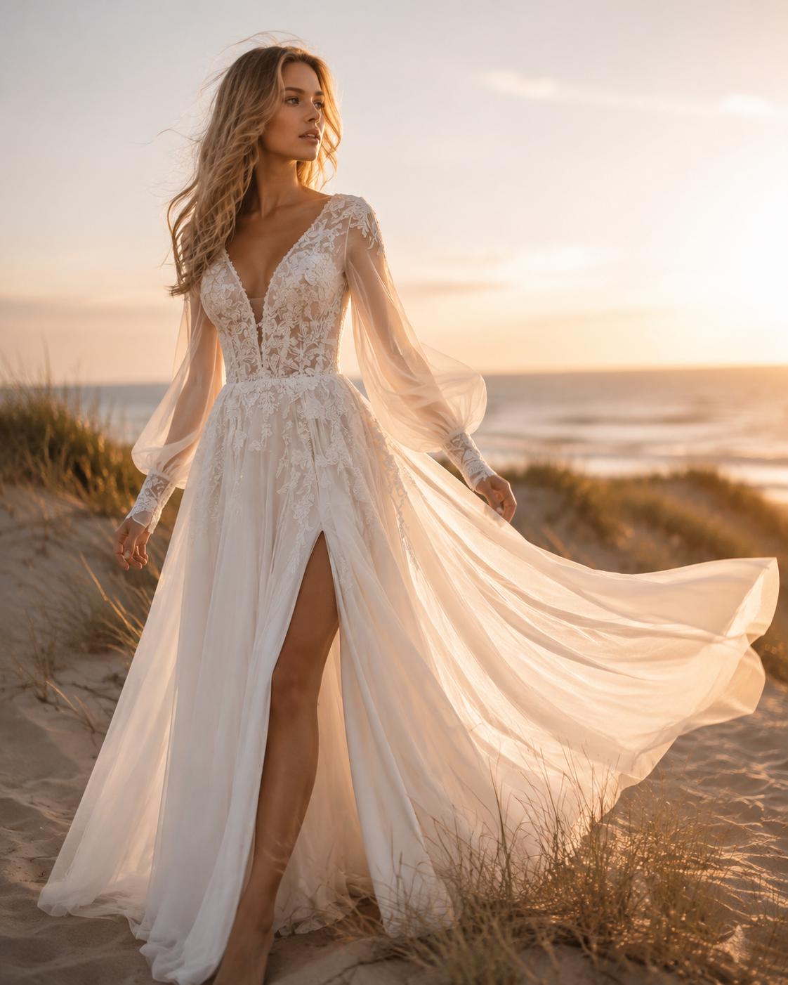 Boho Lace A-Line Wedding Dress with Long Sleeves