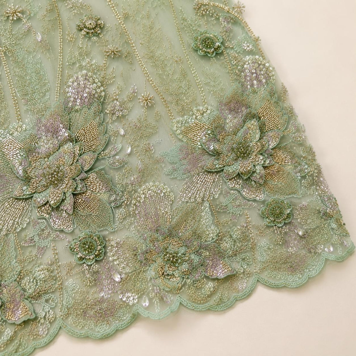 Mint Green Beaded Lace Fabric, Floral Sequin Embroidered Tulle, 3D Flower Bridal Wedding Dress Material, Couture Gown Fabric by the Yard