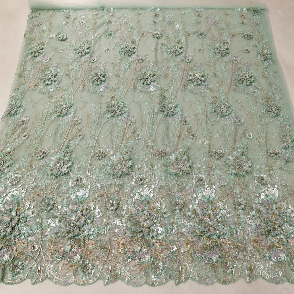 Mint Green Beaded Lace Fabric, Floral Sequin Embroidered Tulle, 3D Flower Bridal Wedding Dress Material, Couture Gown Fabric by the Yard