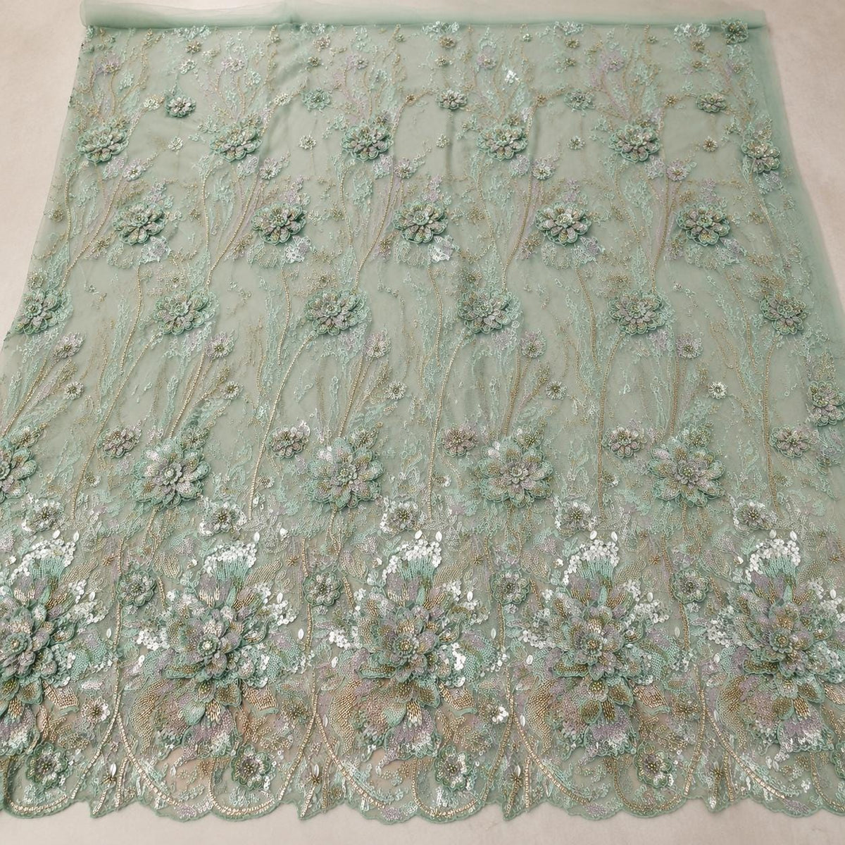 Mint Green Beaded Lace Fabric, Floral Sequin Embroidered Tulle, 3D Flower Bridal Wedding Dress Material, Couture Gown Fabric by the Yard