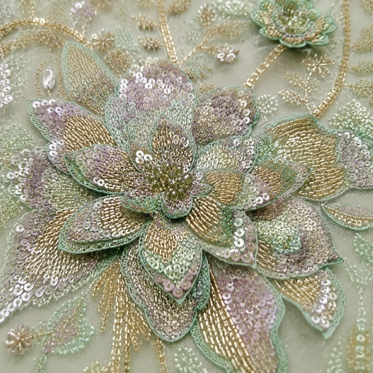 Mint Green Beaded Lace Fabric, Floral Sequin Embroidered Tulle, 3D Flower Bridal Wedding Dress Material, Couture Gown Fabric by the Yard