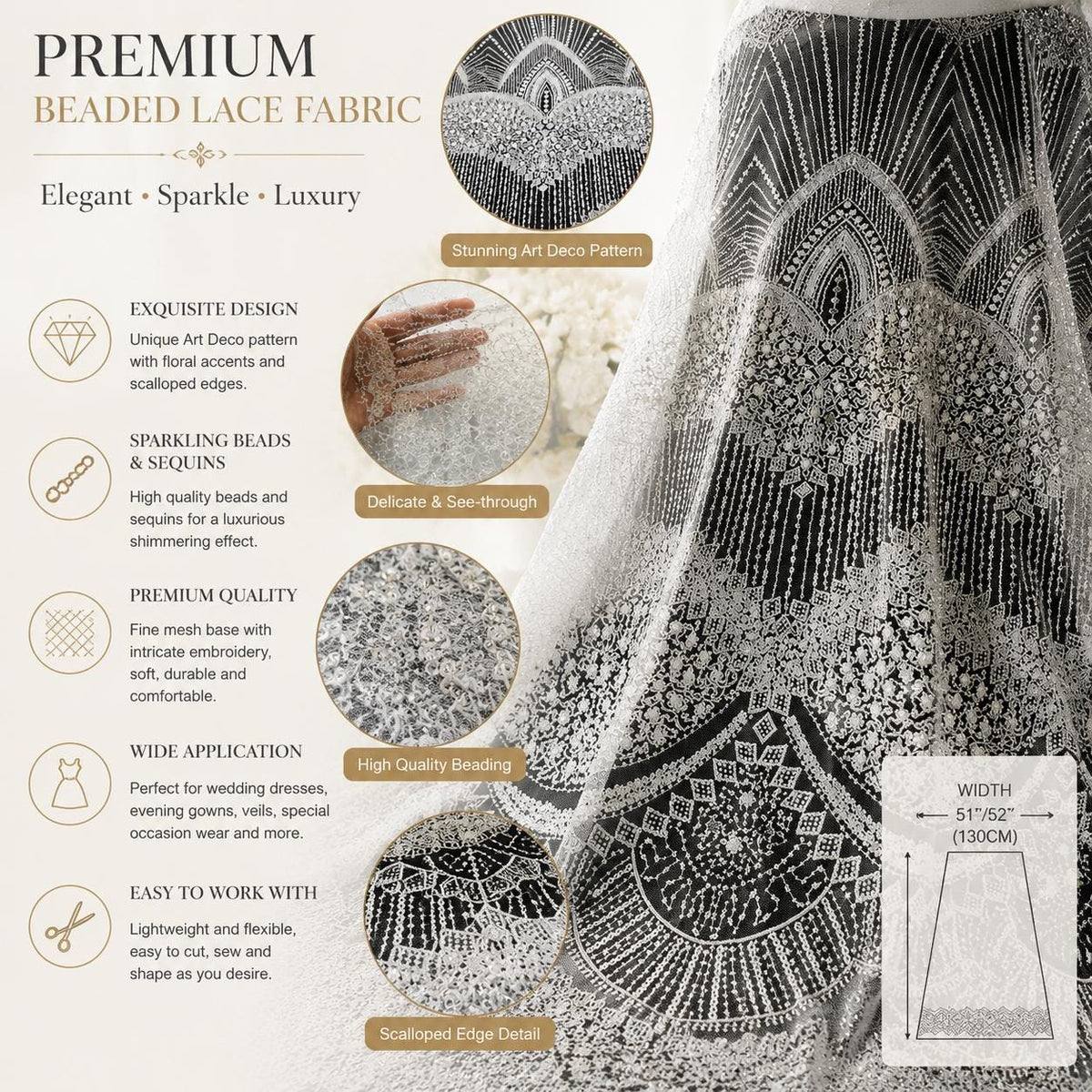 Art Deco Beaded Lace Fabric by the Yard, Luxury Bridal Embroidered Mesh, Wedding Dress Fabric, Couture Evening Gown Lace