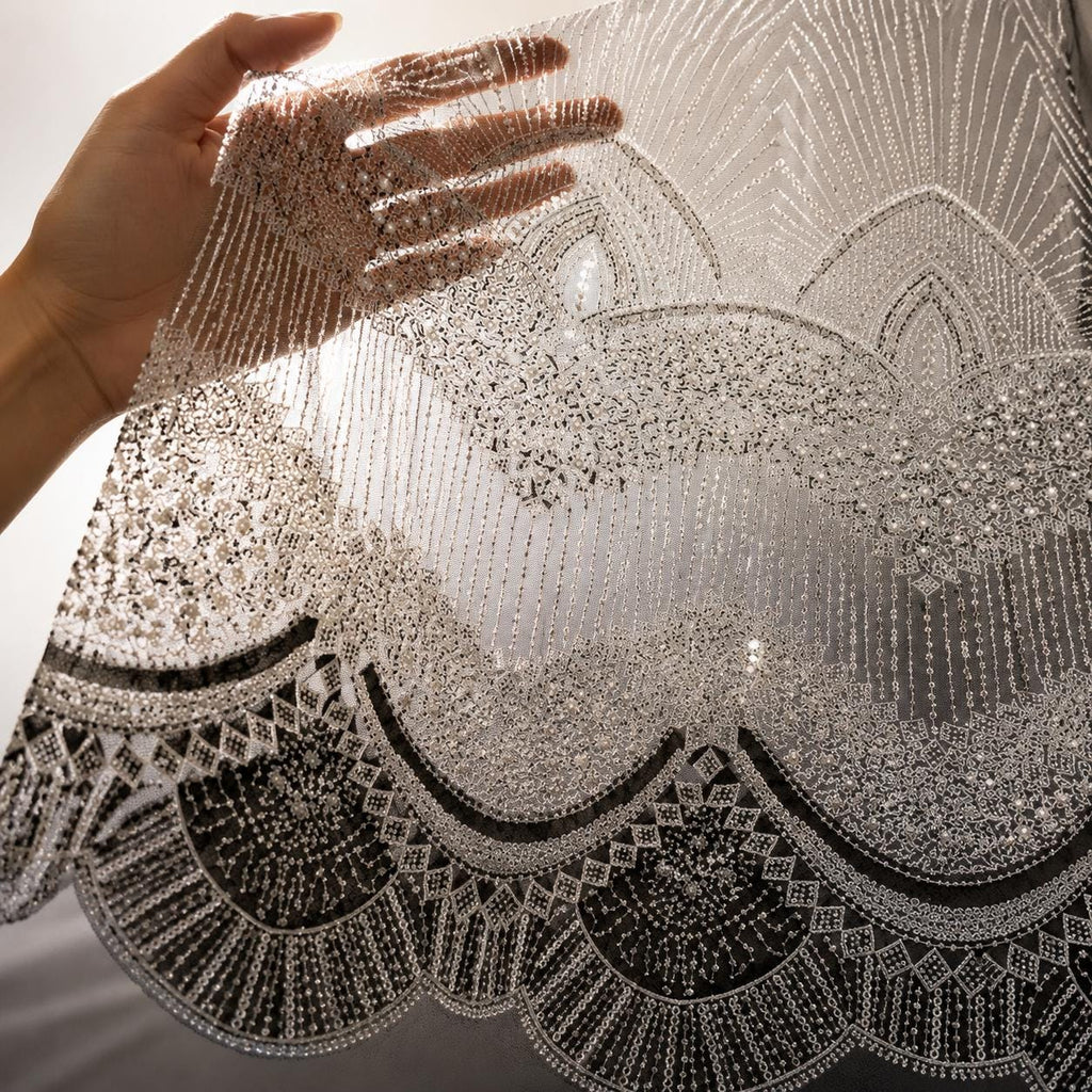 Art Deco Beaded Lace Fabric by the Yard, Luxury Bridal Embroidered Mesh, Wedding Dress Fabric, Couture Evening Gown Lace