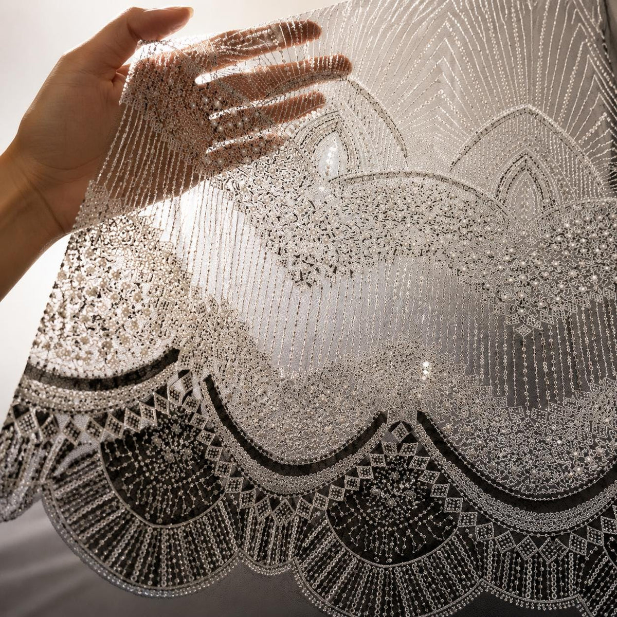 Art Deco Beaded Lace Fabric by the Yard, Luxury Bridal Embroidered Mesh, Wedding Dress Fabric, Couture Evening Gown Lace