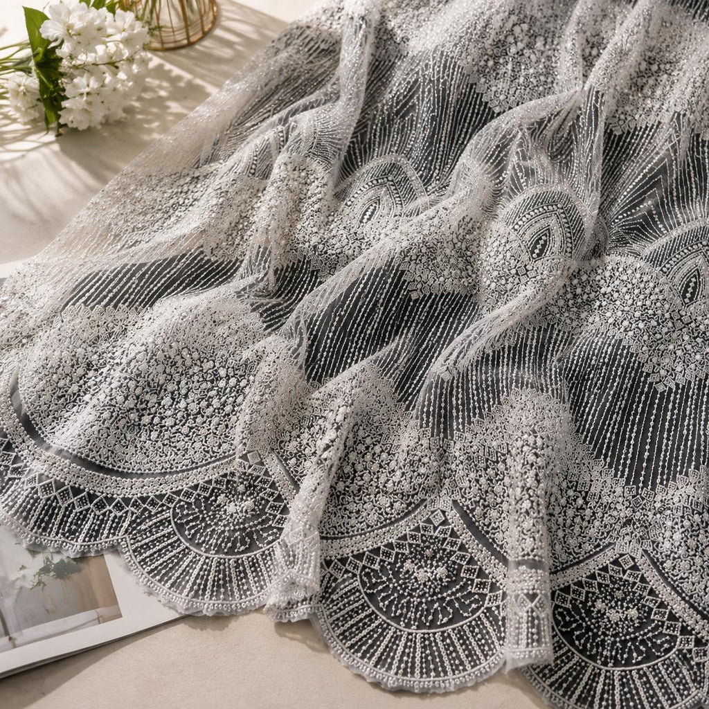 Art Deco Beaded Lace Fabric by the Yard, Luxury Bridal Embroidered Mesh, Wedding Dress Fabric, Couture Evening Gown Lace