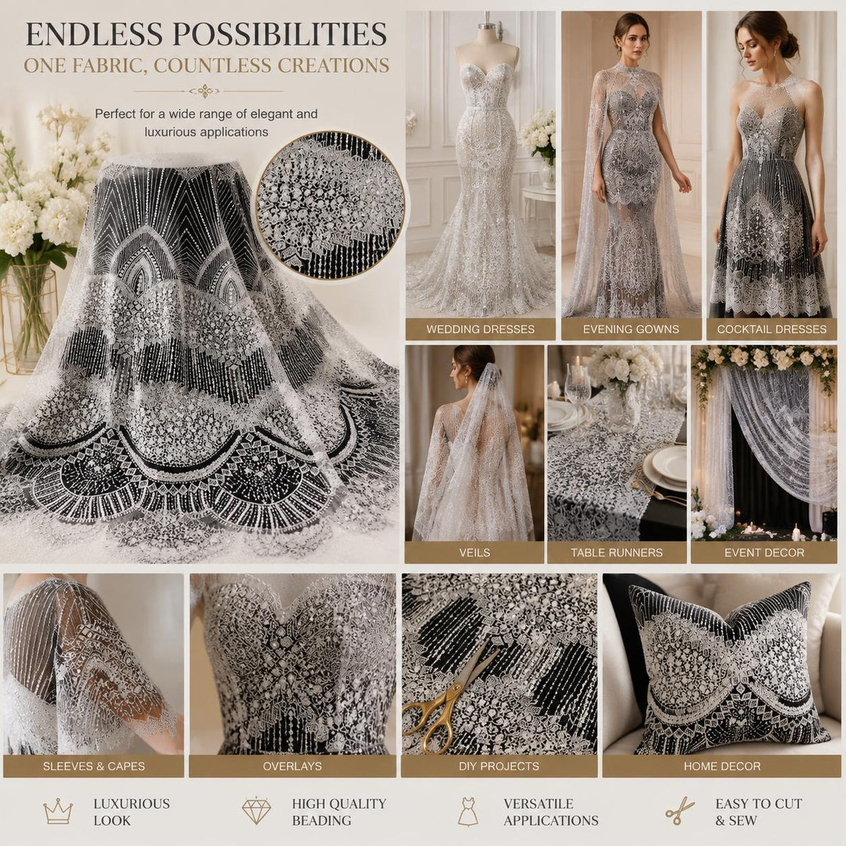 Art Deco Beaded Lace Fabric by the Yard, Luxury Bridal Embroidered Mesh, Wedding Dress Fabric, Couture Evening Gown Lace