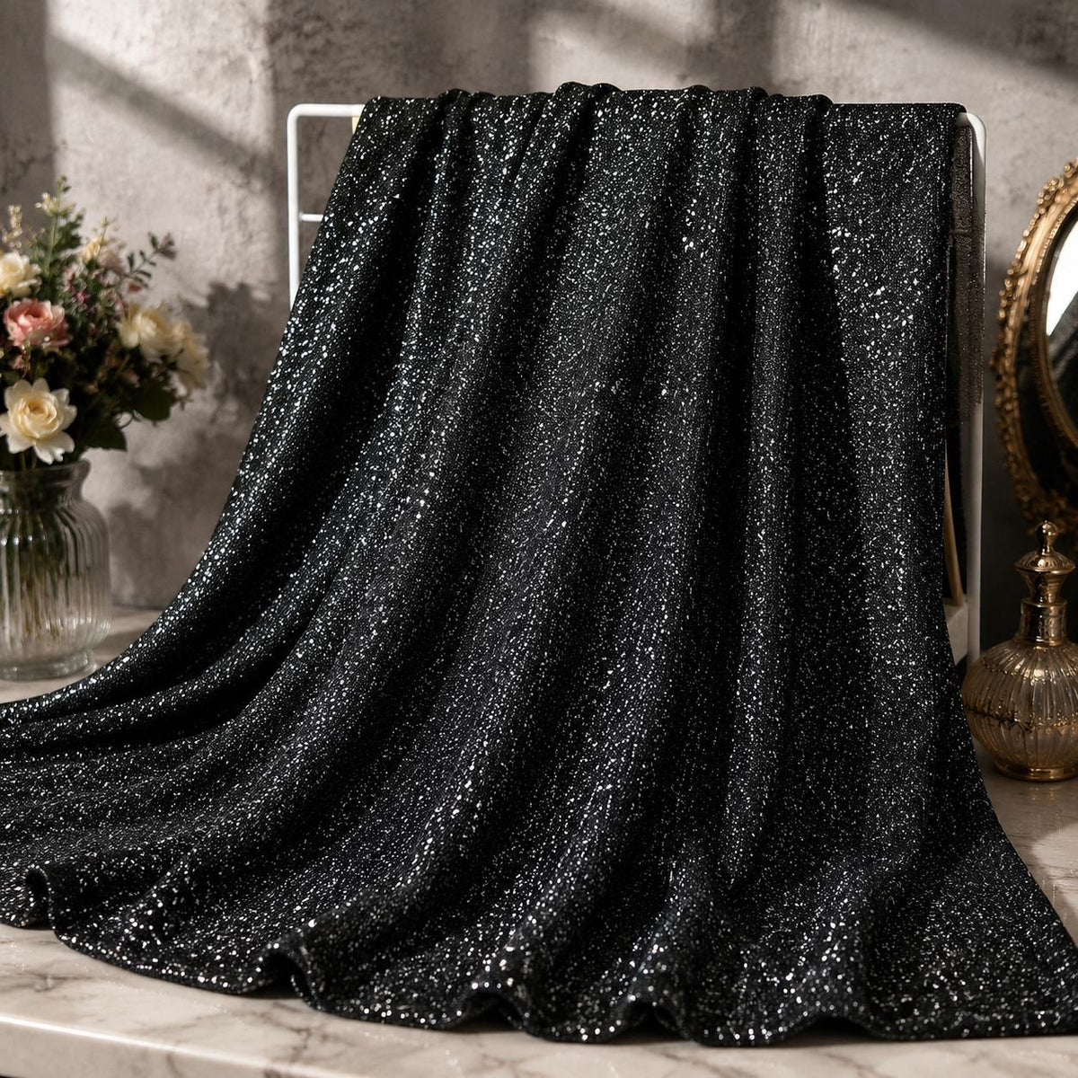 Luxury Black Glitter Fabric by the Yard, Fine Sparkle Knit Fabric, Shimmer Evening Gown Material, Prom Dress, Backdrop & Event Decor