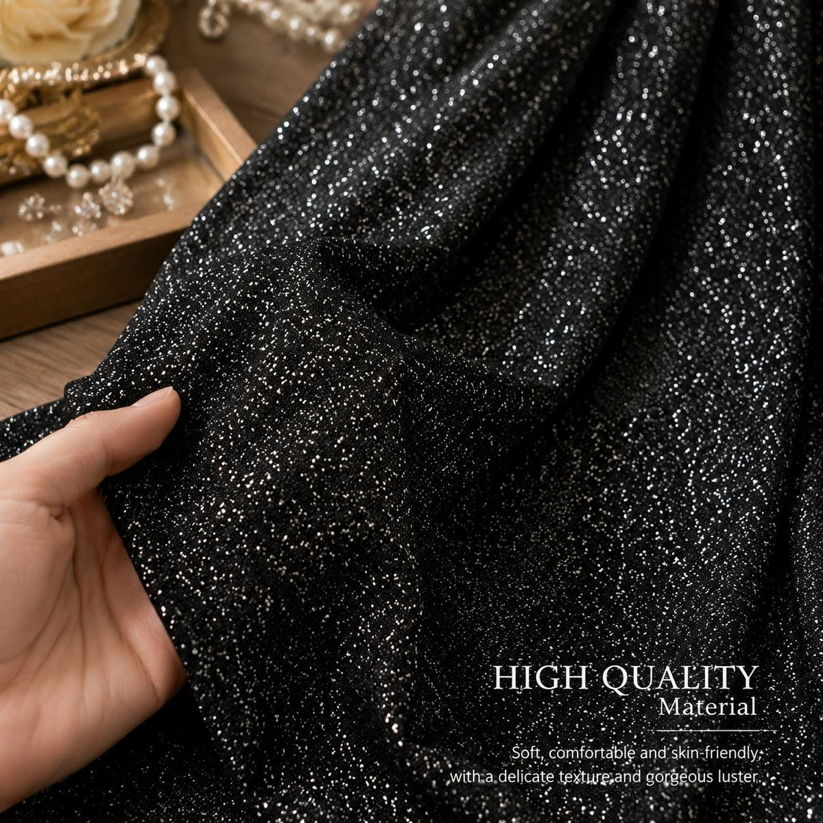 Luxury Black Glitter Fabric by the Yard, Fine Sparkle Knit Fabric, Shimmer Evening Gown Material, Prom Dress, Backdrop & Event Decor