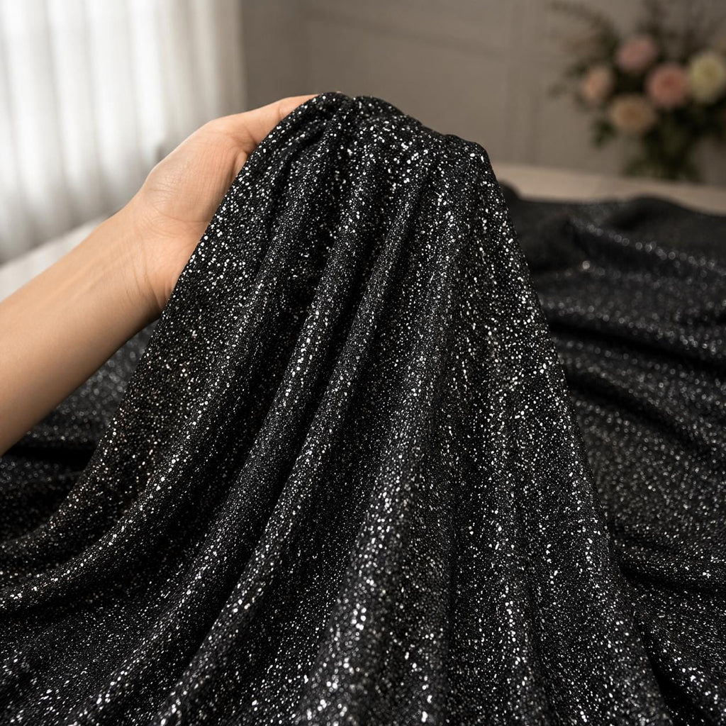 Luxury Black Glitter Fabric by the Yard, Fine Sparkle Knit Fabric, Shimmer Evening Gown Material, Prom Dress, Backdrop & Event Decor