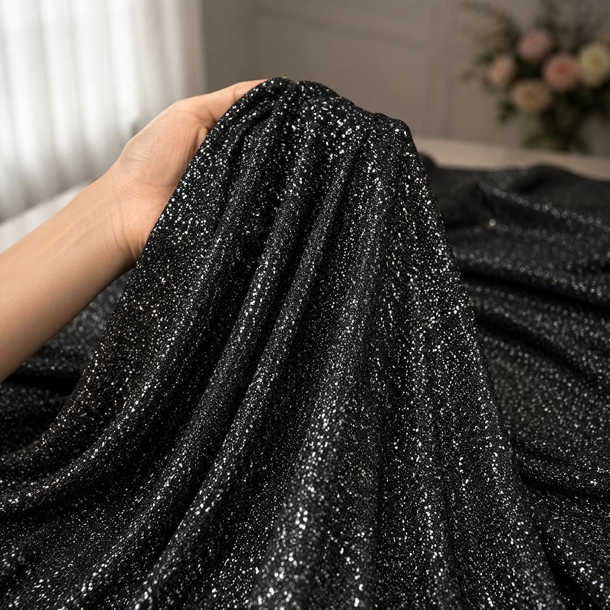 Luxury Black Glitter Fabric by the Yard, Fine Sparkle Knit Fabric, Shimmer Evening Gown Material, Prom Dress, Backdrop & Event Decor