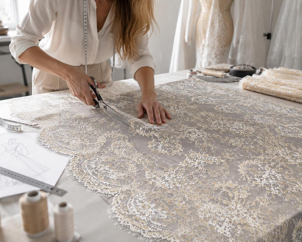 Ivory Gold Chantilly Eyelash Lace Fabric by the Yard | French Bridal Lace | Wedding Dress & Bridal Veil Lace | Couture Floral Lace