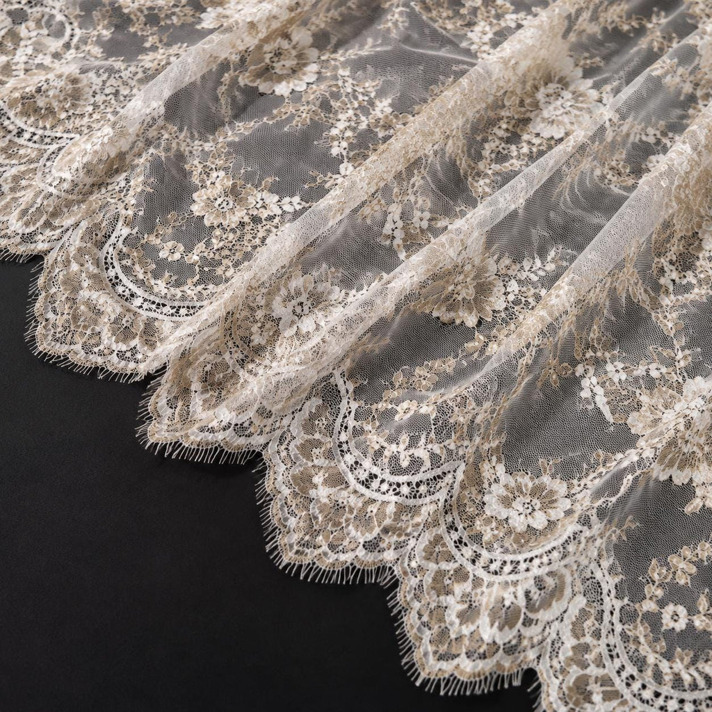 Ivory Gold Chantilly Eyelash Lace Fabric by the Yard | French Bridal Lace | Wedding Dress & Bridal Veil Lace | Couture Floral Lace