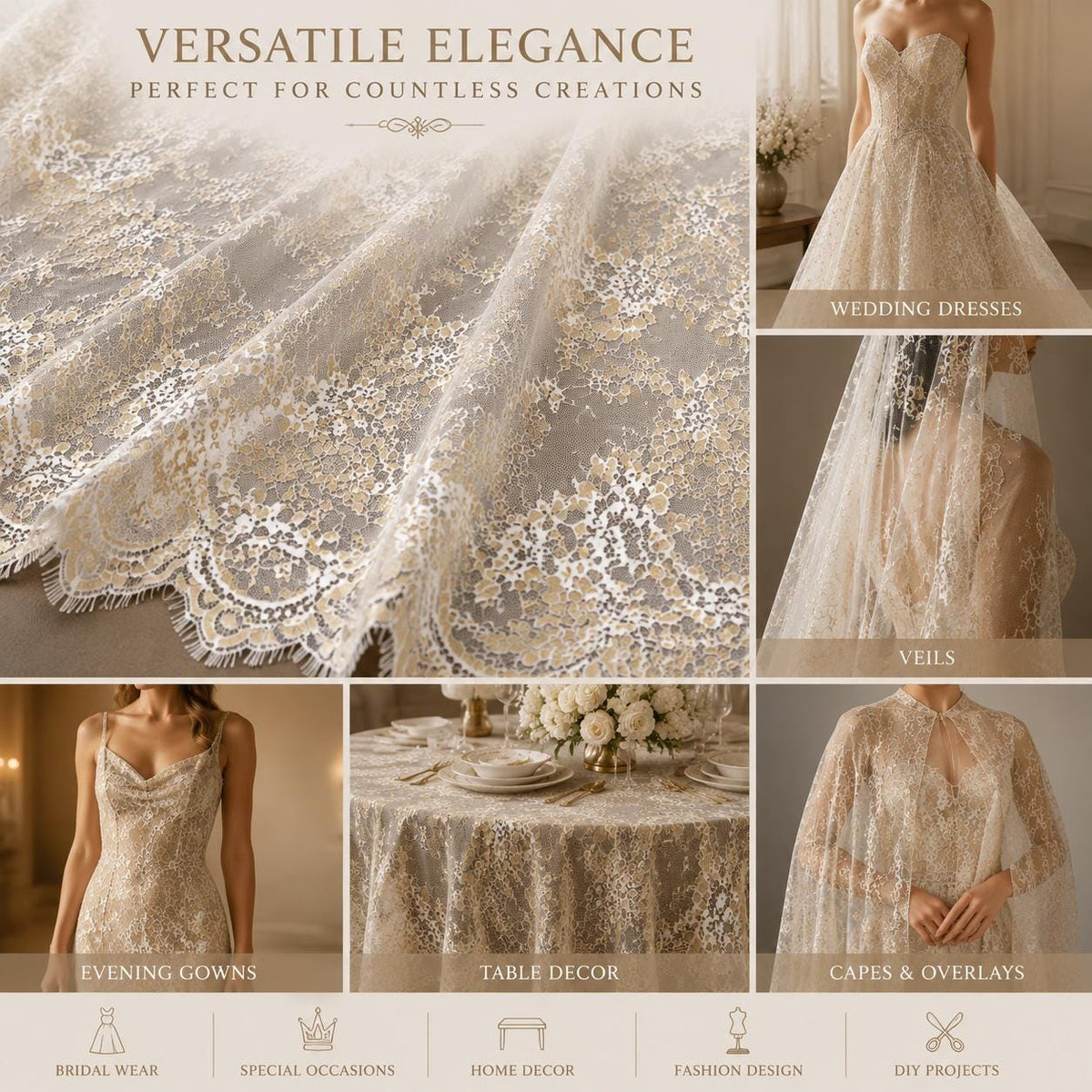 Ivory Gold Chantilly Eyelash Lace Fabric by the Yard | French Bridal Lace | Wedding Dress & Bridal Veil Lace | Couture Floral Lace