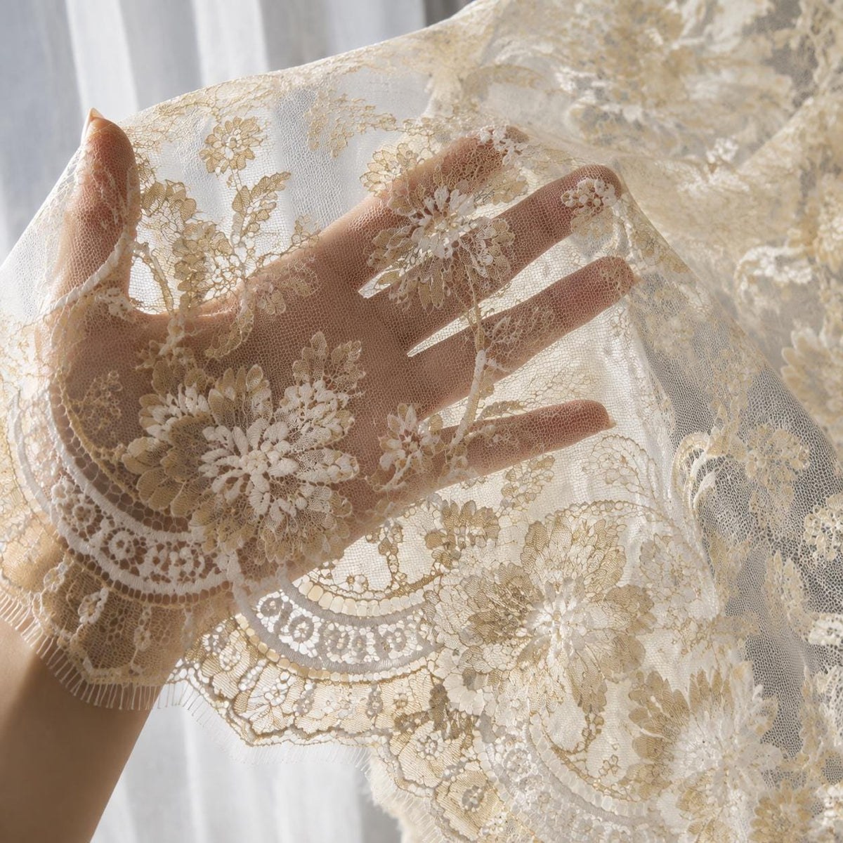 Ivory Gold Chantilly Eyelash Lace Fabric by the Yard | French Bridal Lace | Wedding Dress & Bridal Veil Lace | Couture Floral Lace