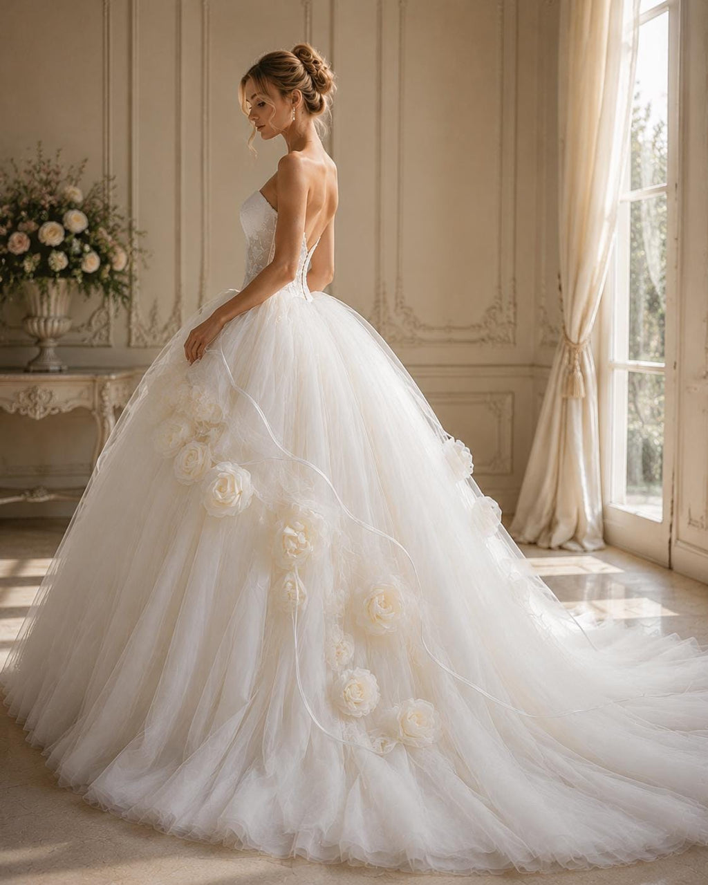 3D Floral Tulle Ball Gown Wedding Dress with Sweetheart Neckline