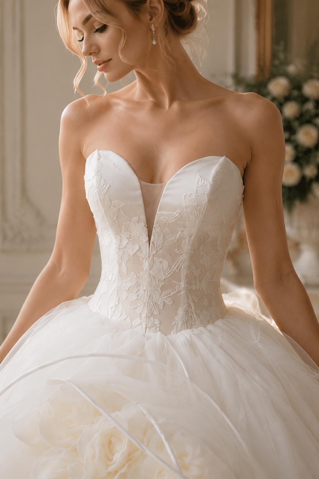 3D Floral Tulle Ball Gown Wedding Dress with Sweetheart Neckline