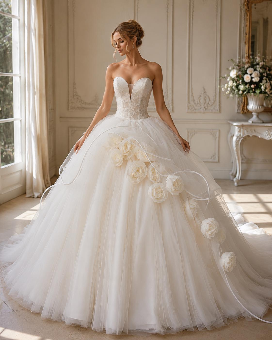 3D Floral Tulle Ball Gown Wedding Dress with Sweetheart Neckline