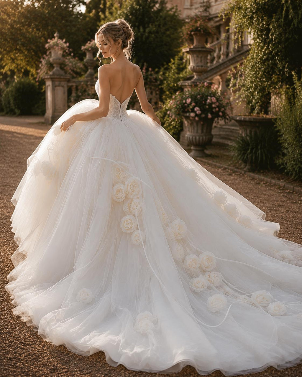 3D Floral Tulle Ball Gown Wedding Dress with Sweetheart Neckline