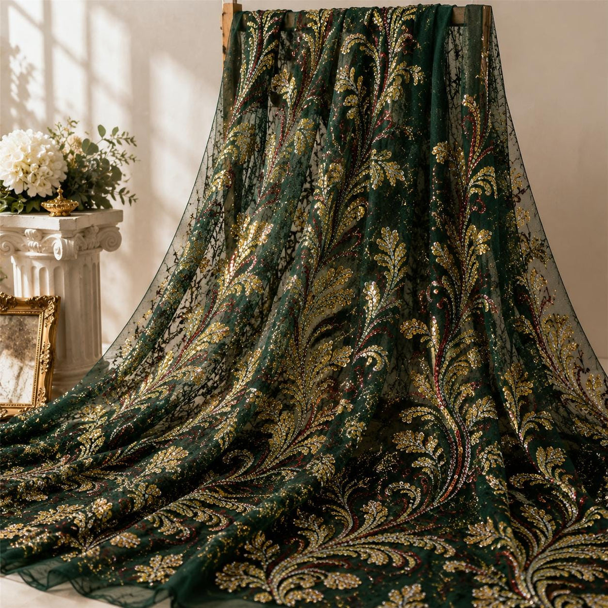 Emerald Green Beaded Lace Fabric by the Yard | Luxury Sequin Embroidered Mesh | Couture Bridal & Evening Dress Fabric | Prom Gown Tulle