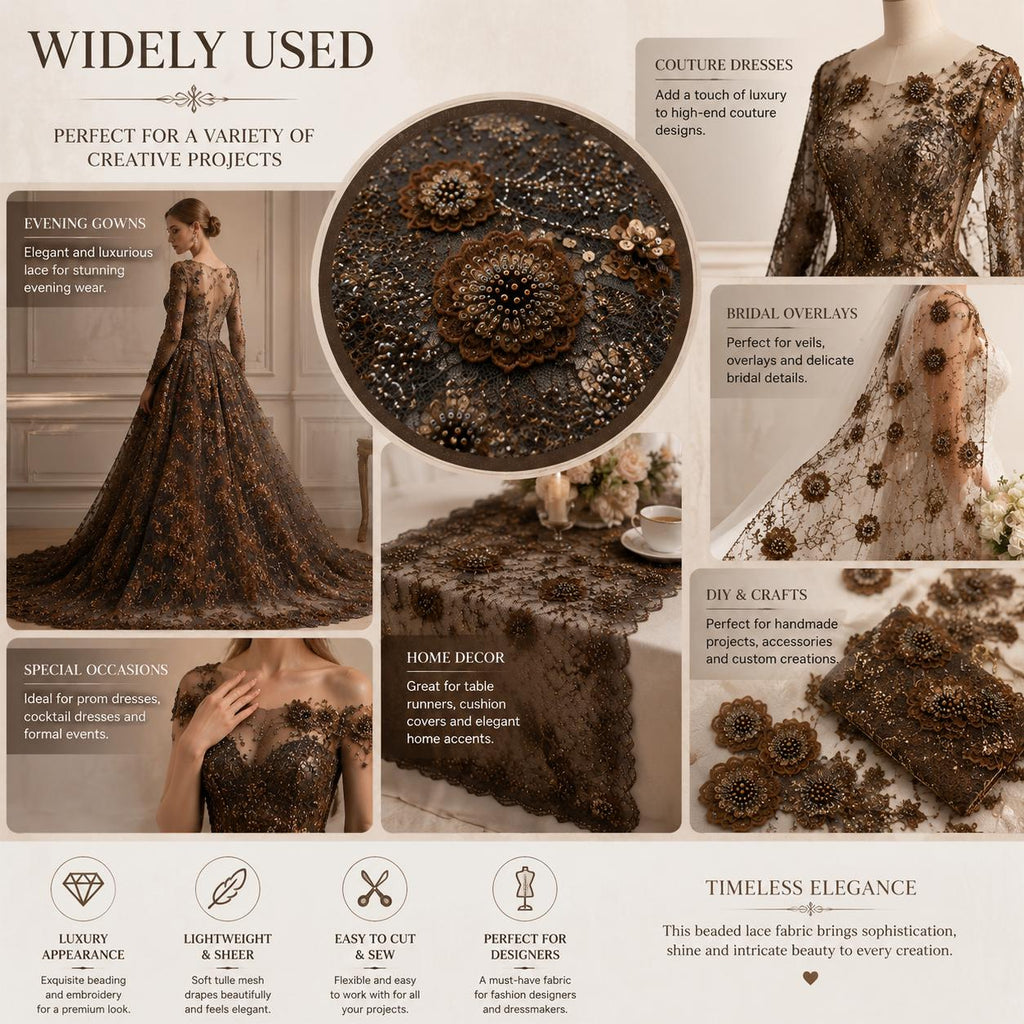 Brown Beaded Lace Fabric by the Yard | 3D Floral Embroidered Mesh Lace | Luxury Couture Evening Gown & Bridal Dress Fabric | Taupe Tulle