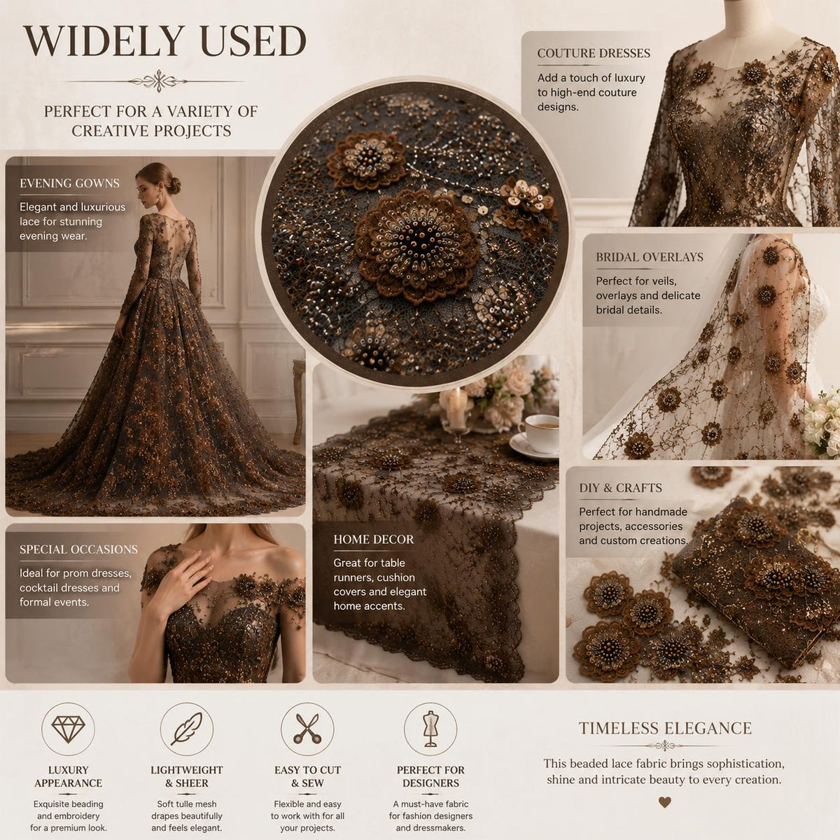 Brown Beaded Lace Fabric by the Yard | 3D Floral Embroidered Mesh Lace | Luxury Couture Evening Gown & Bridal Dress Fabric | Taupe Tulle