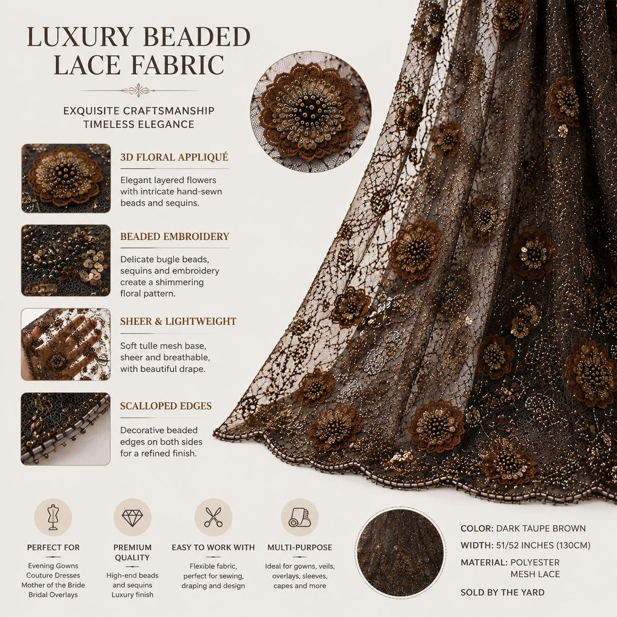 Brown Beaded Lace Fabric by the Yard | 3D Floral Embroidered Mesh Lace | Luxury Couture Evening Gown & Bridal Dress Fabric | Taupe Tulle