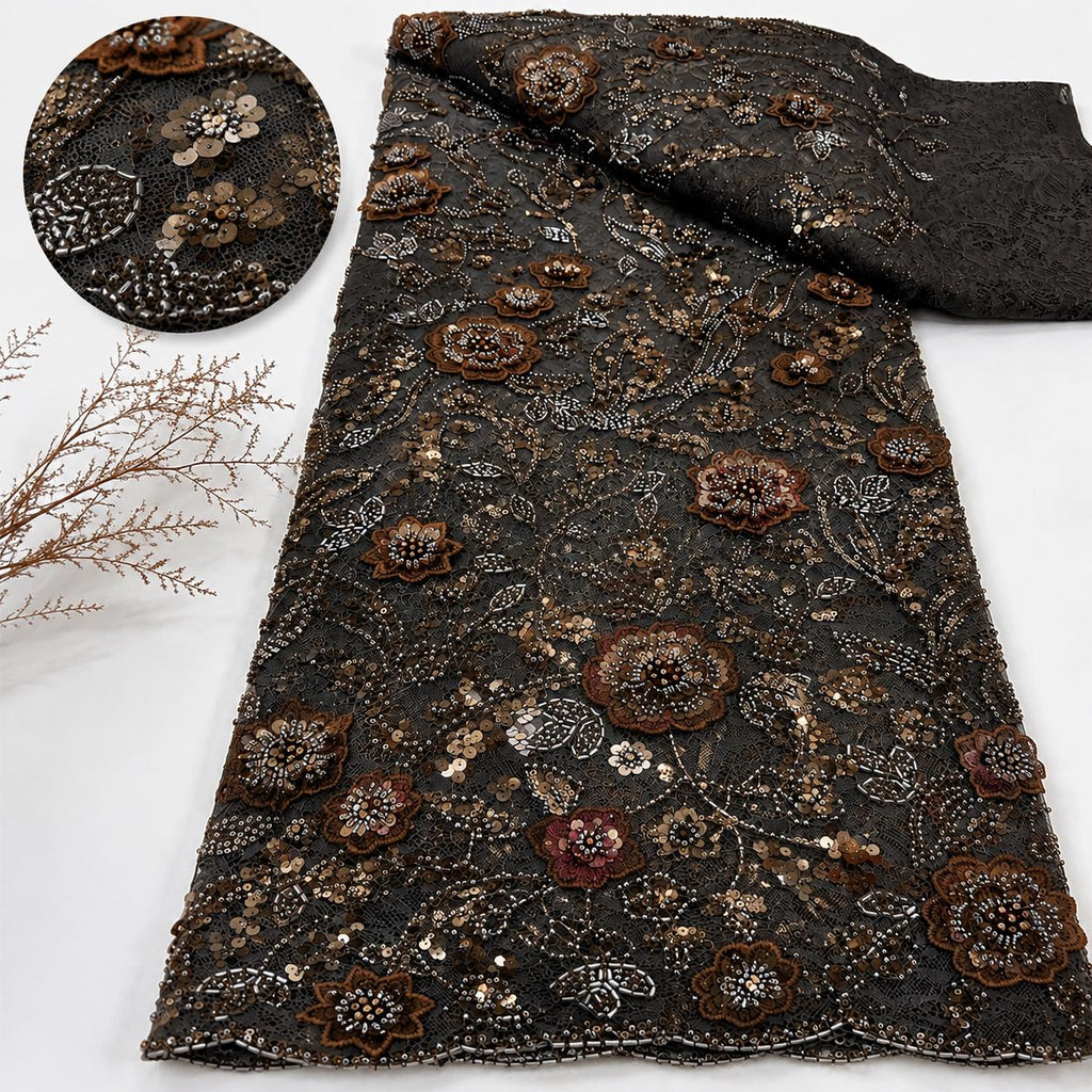 Brown Beaded Lace Fabric by the Yard | 3D Floral Embroidered Mesh Lace | Luxury Couture Evening Gown & Bridal Dress Fabric | Taupe Tulle